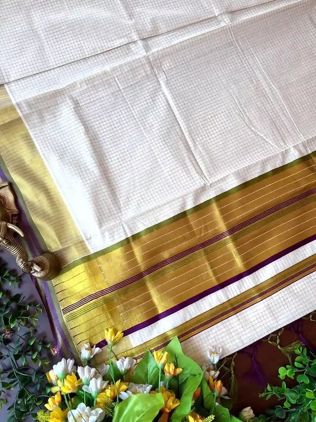 Pea Green & Violet Tiny Checks Premium Kasavu Saree with Golden Border