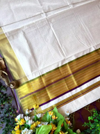 Pea Green & Violet Tiny Checks Premium Kasavu Saree with Golden Border