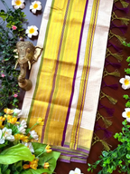 Pea Green & Violet Tiny Checks Premium Kasavu Saree with Golden Border