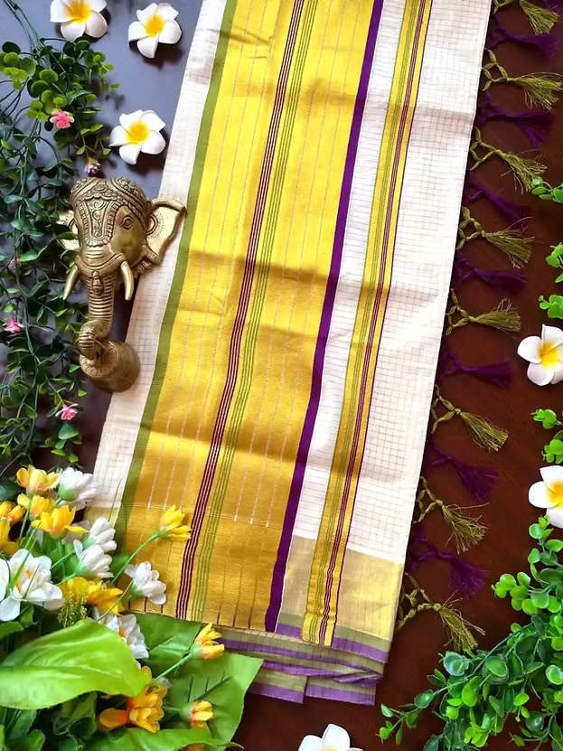 Pea Green & Violet Tiny Checks Premium Kasavu Saree with Golden Border