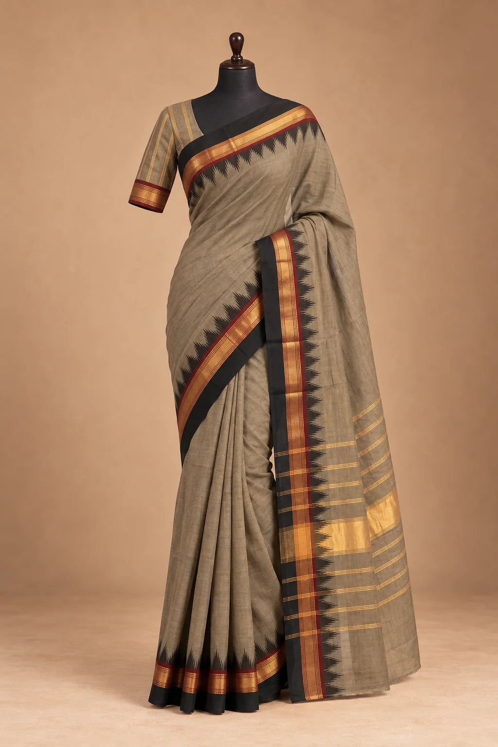 Chettinad Cotton Saree - Khaki Olive with Black Temple Border & Gold Zari