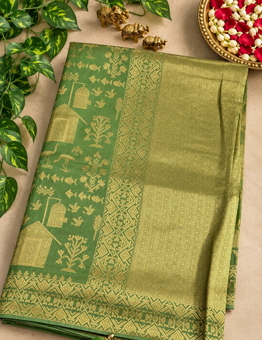 Vegan Viscose Silk Saree - Sage Green with Gold Zari Pastoral Brocade Weave
