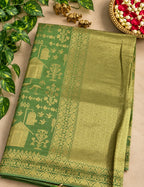 Vegan Viscose Silk Saree - Sage Green with Gold Zari Pastoral Brocade Weave