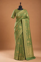 Vegan Viscose Silk Saree - Sage Green with Gold Zari Pastoral Brocade Weave