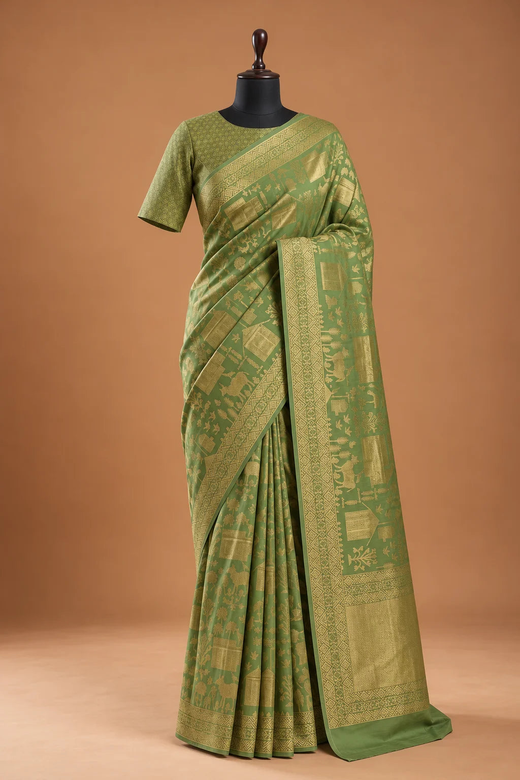 Vegan Viscose Silk Saree - Sage Green with Gold Zari Pastoral Brocade Weave