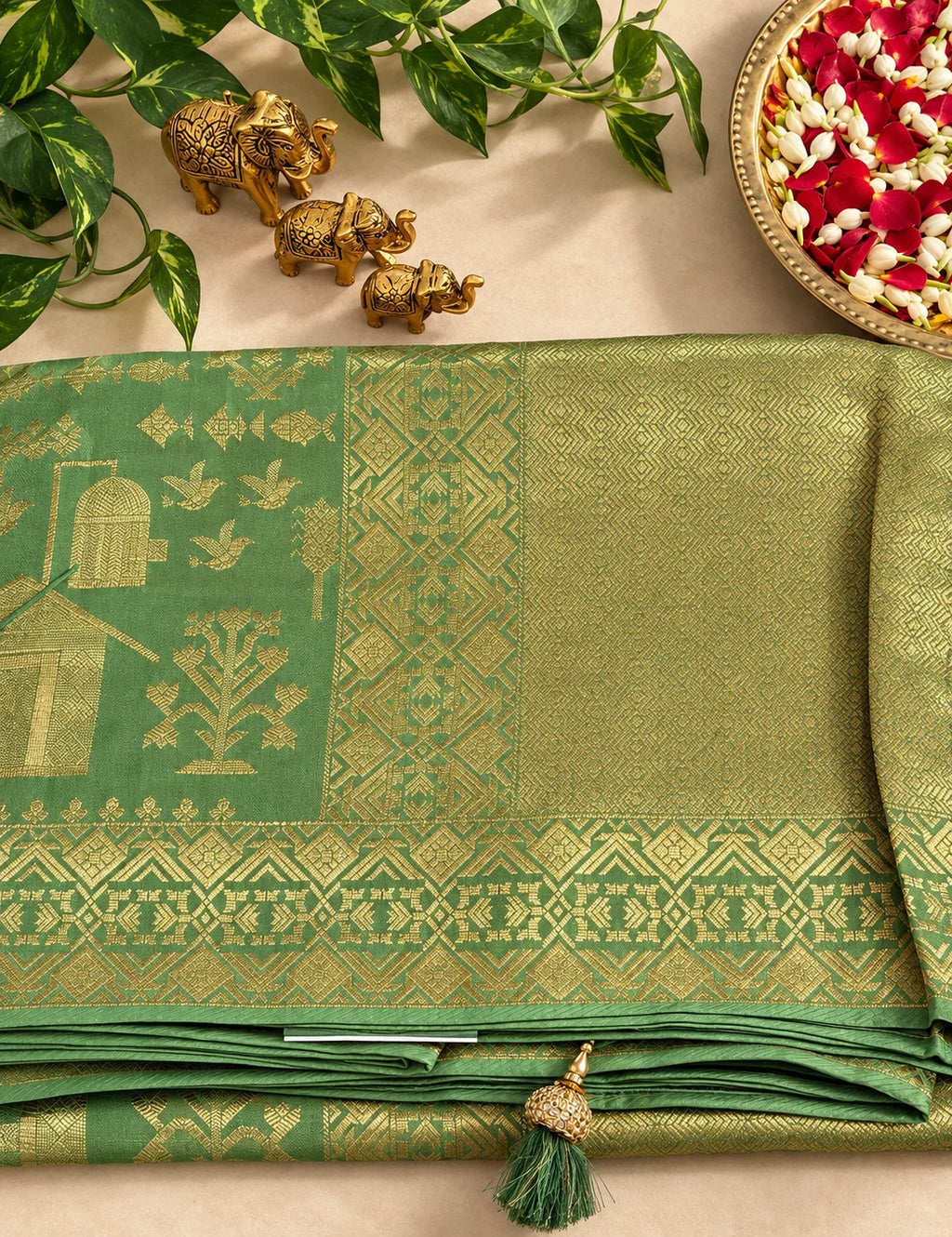 Vegan Viscose Silk Saree - Sage Green with Gold Zari Pastoral Brocade Weave