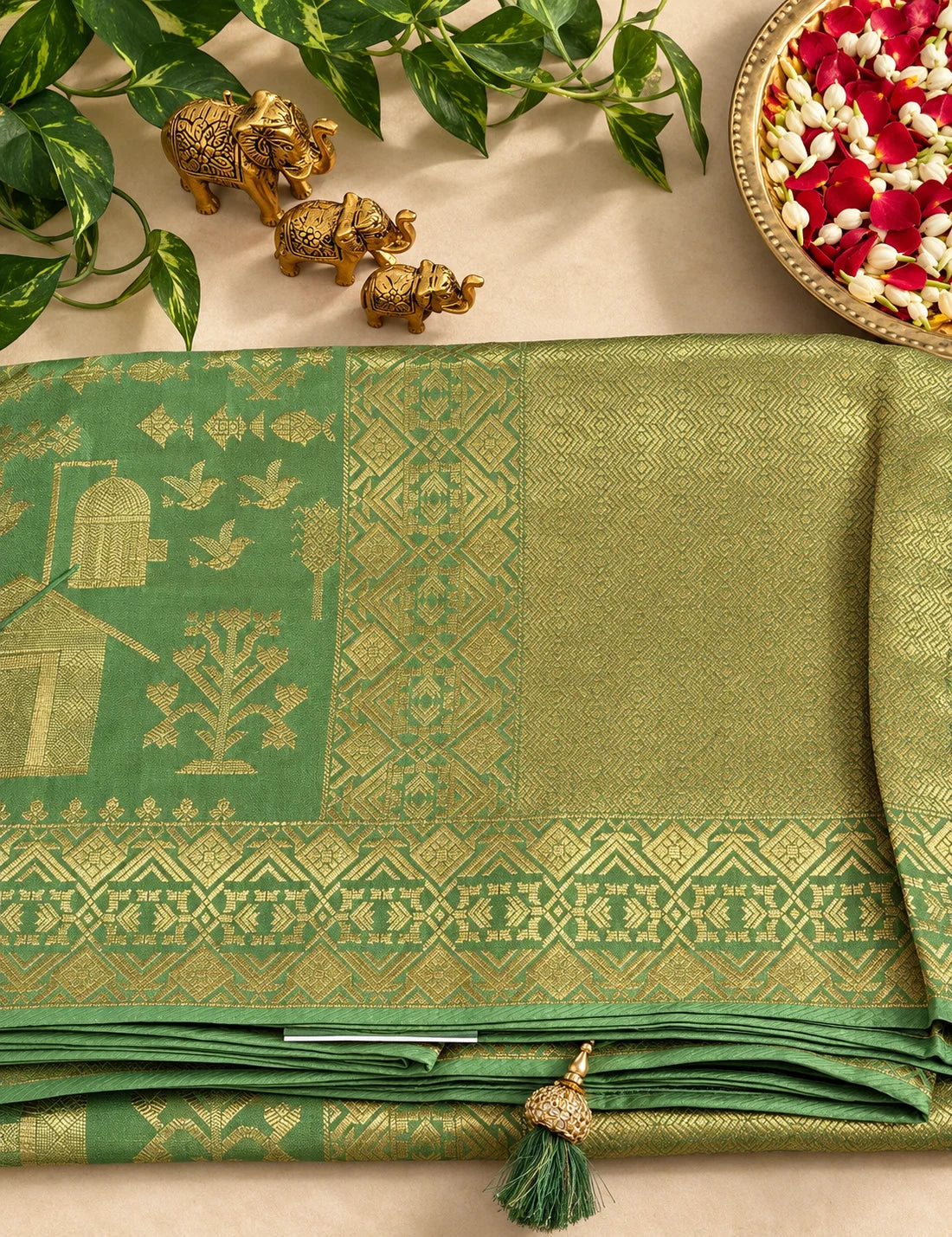 Vegan Viscose Silk Saree - Sage Green with Gold Zari Pastoral Brocade Weave