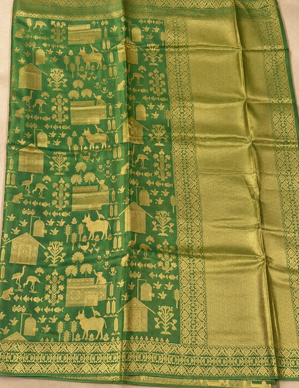 Vegan Viscose Silk Saree - Sage Green with Gold Zari Pastoral Brocade Weave