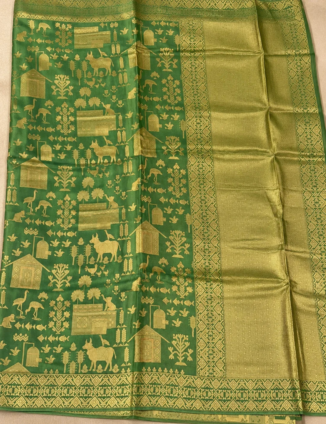 Vegan Viscose Silk Saree - Sage Green with Gold Zari Pastoral Brocade Weave