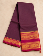 Chettinad Cotton Saree - Deep Aubergine with Wine Gold Zari Elephant Border