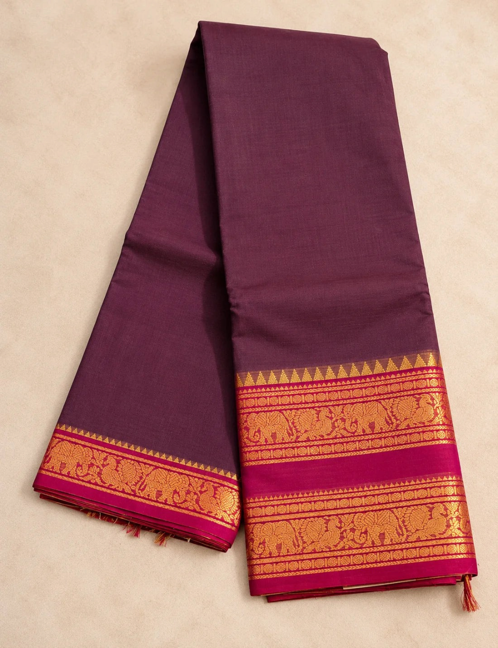 Chettinad Cotton Saree - Deep Aubergine with Wine Gold Zari Elephant Border