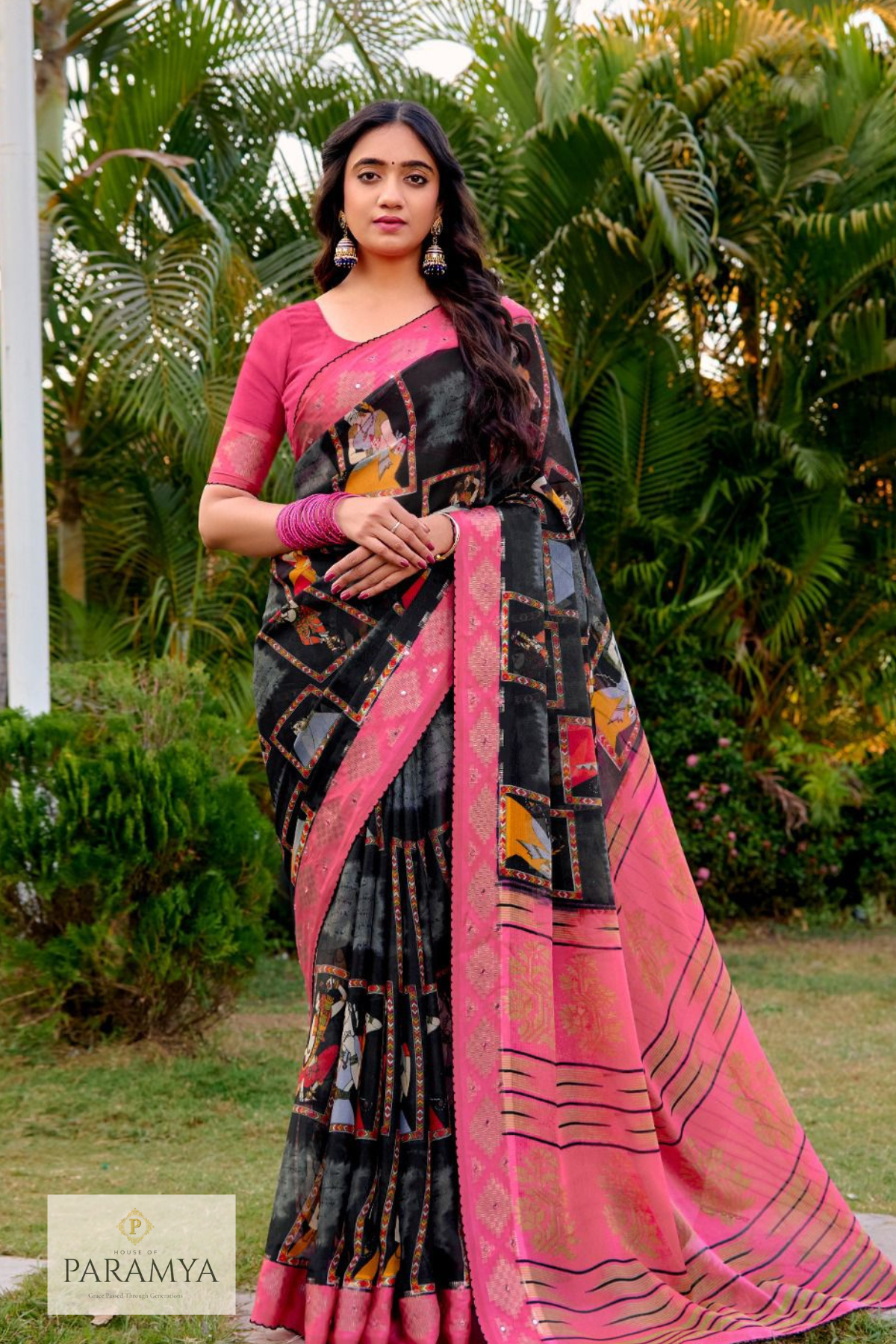 Elegant Black & Pink Border Fancy Georgette Saree – Lightweight Everyday Comfort Wear