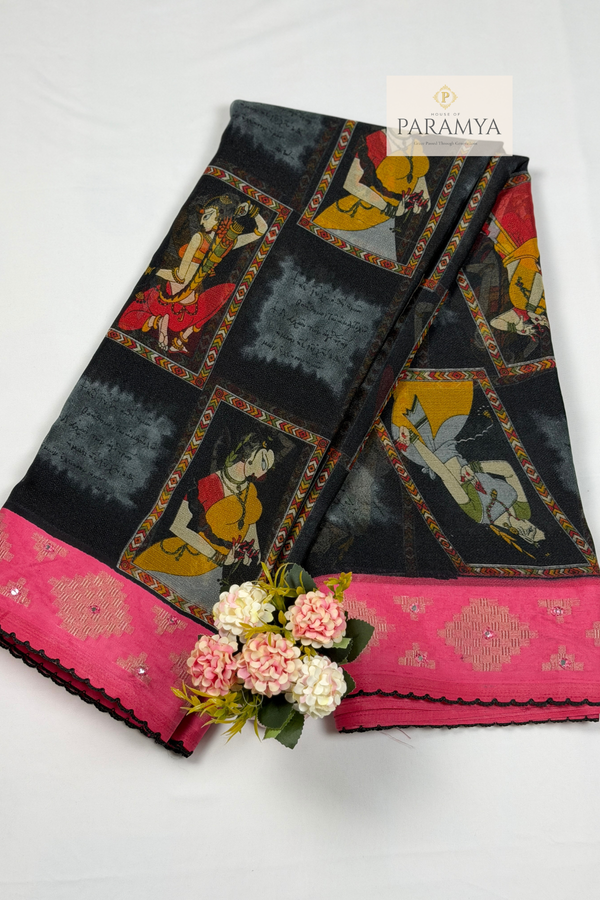 Elegant Black & Pink Border Fancy Georgette Saree – Lightweight Everyday Comfort Wear