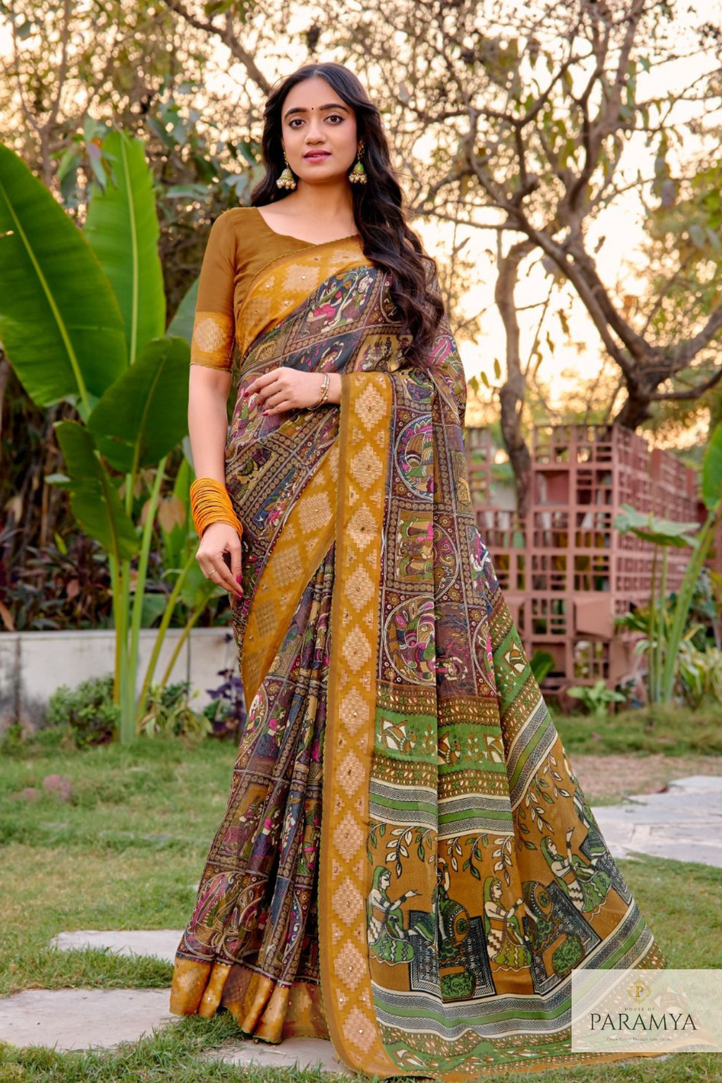 Elegant Mehendi Green & Mustard Border Fancy Georgette Saree