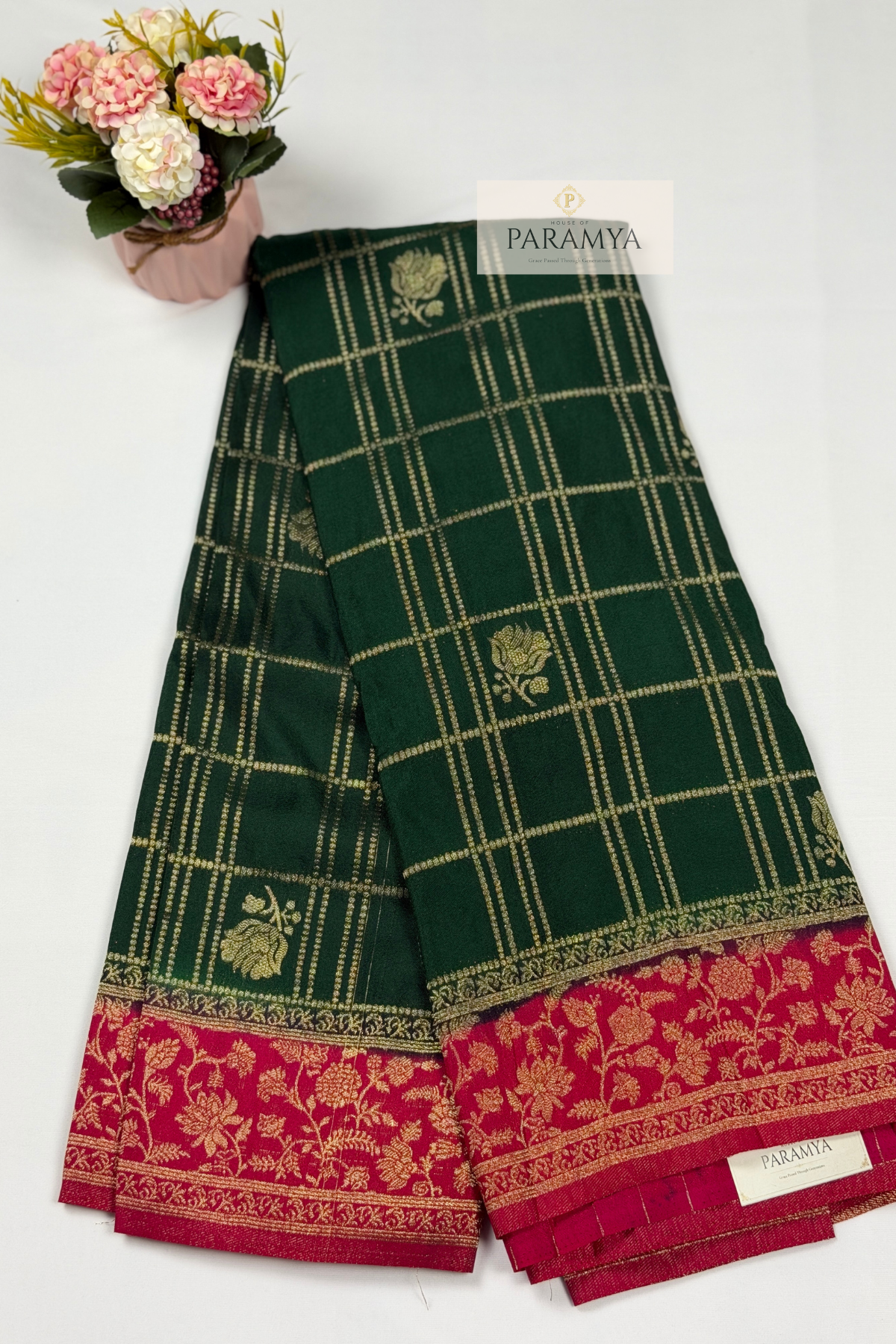 Emerald Green Georgette Saree with Floral Zari Border