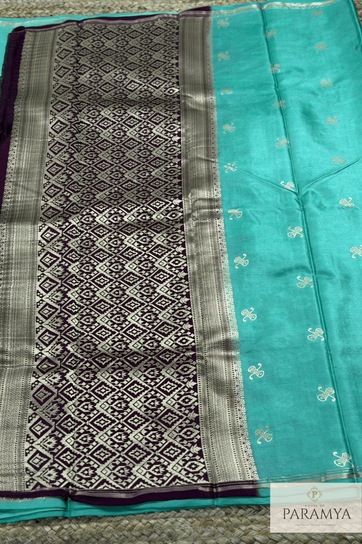 Premium Gajji Silk in Light Sea green & Rich Wine Saree - Pallu View | House Of Paramya