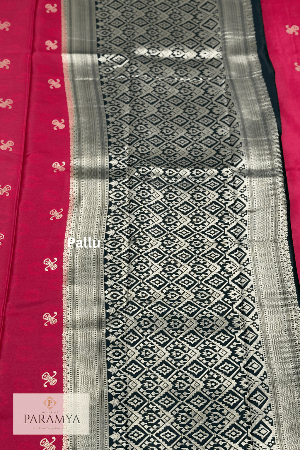 Premium Gajji Silk in Magenta Pink & Rich Purple-Black Saree -Pallu View | House Of Paramya