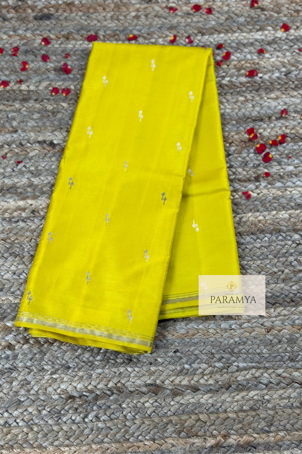 Sunshine Yellow Gajji Silk Saree with Silver Zari Buttas