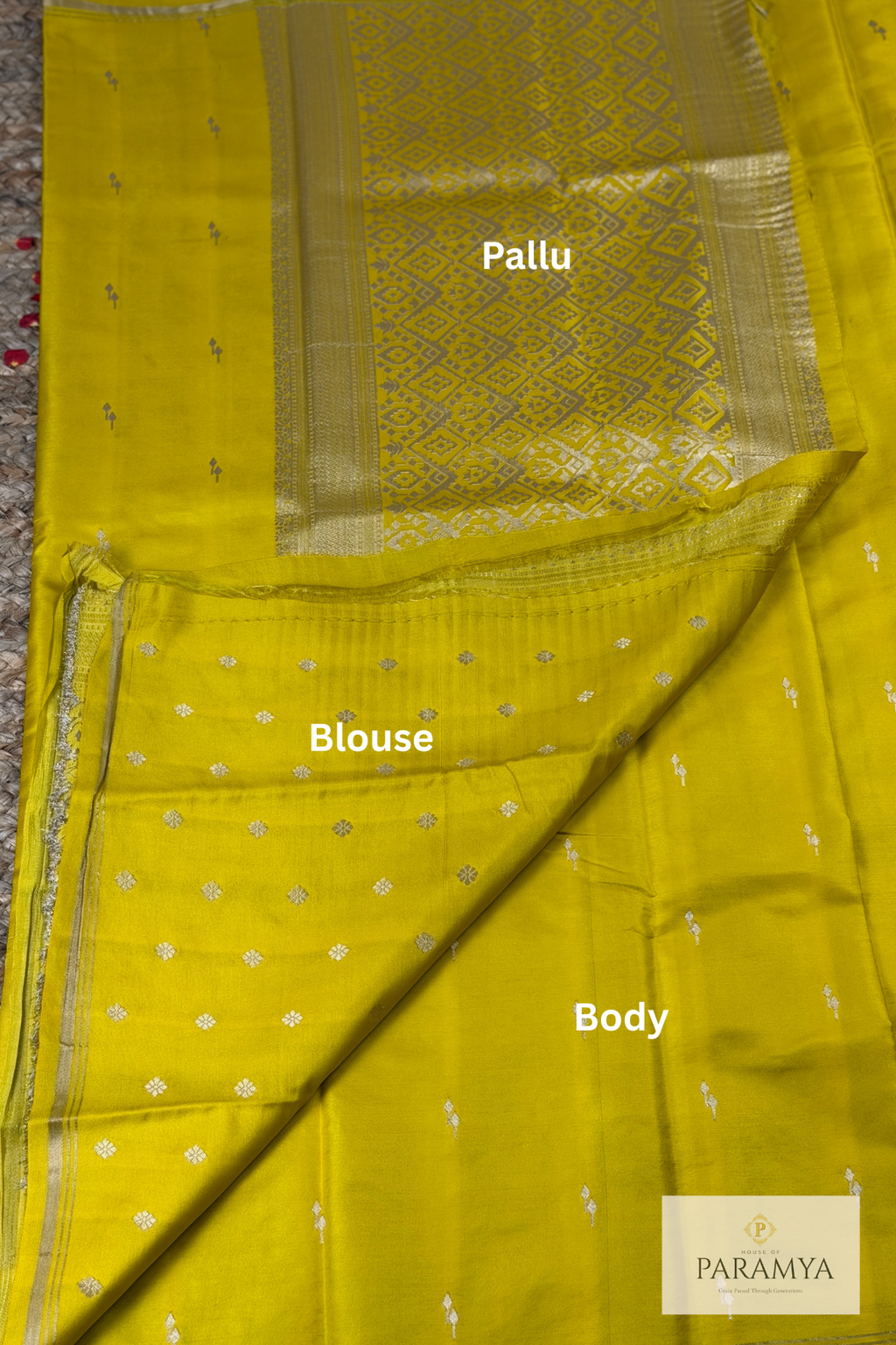 Sunshine Yellow Gajji Silk Saree with Silver Zari Buttas
