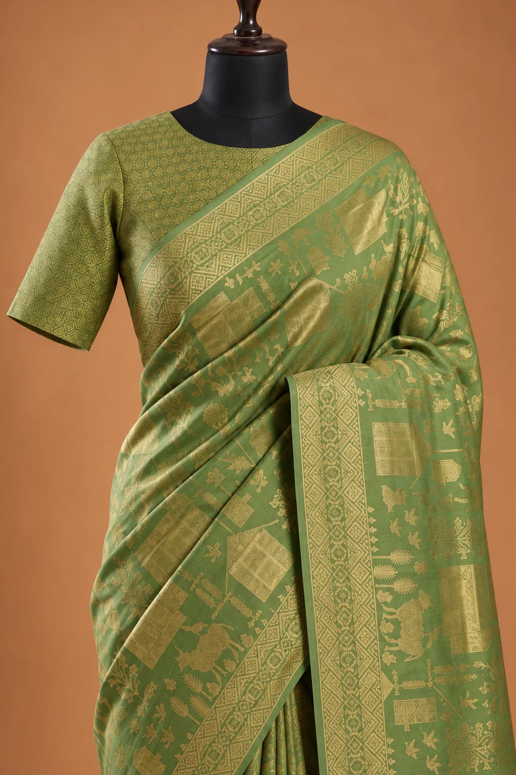Vegan Viscose Silk Saree - Sage Green with Gold Zari Pastoral Brocade Weave