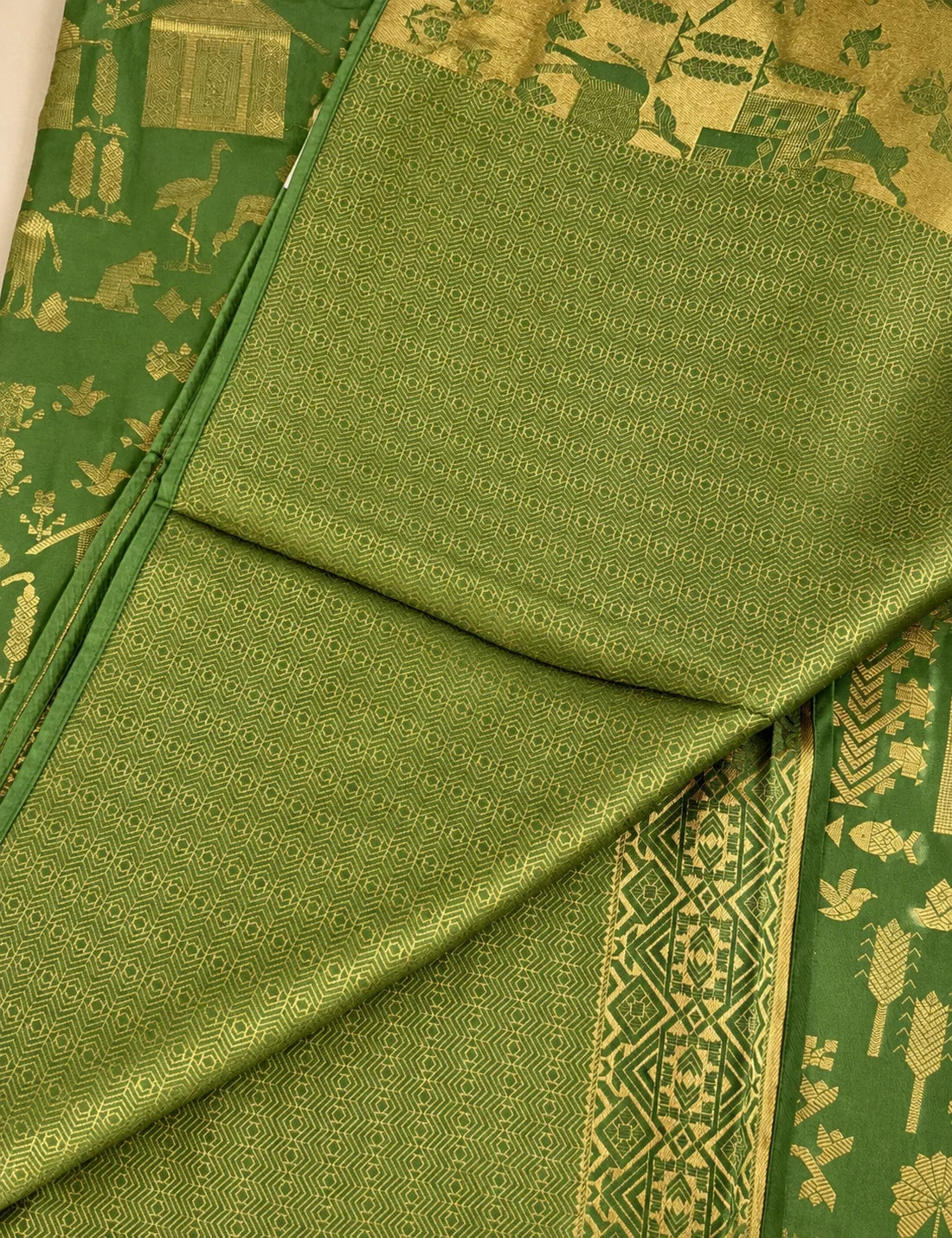 Vegan Viscose Silk Saree - Sage Green with Gold Zari Pastoral Brocade Weave