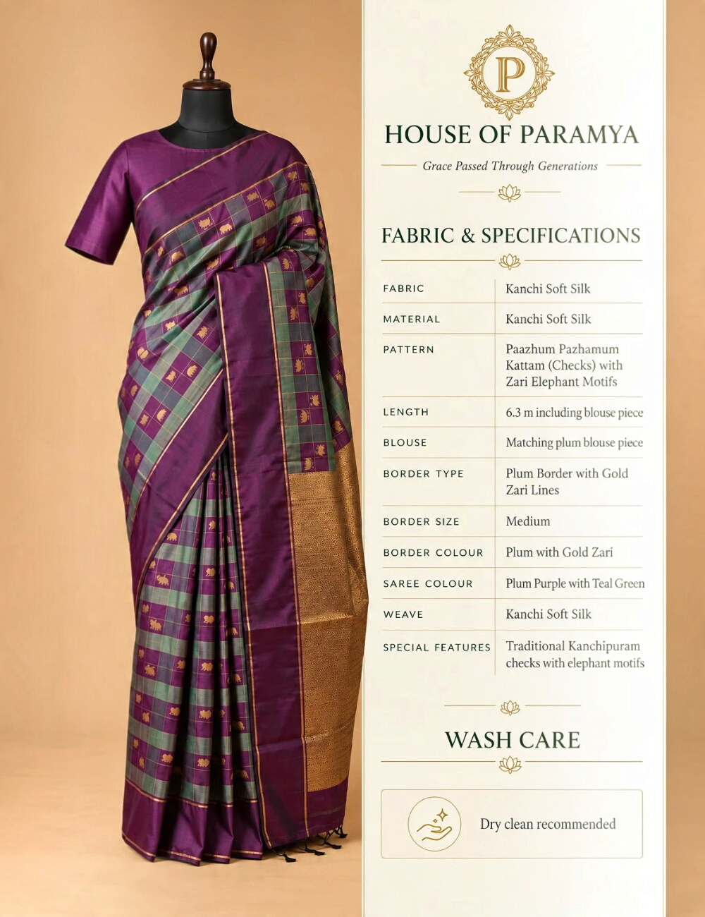 House Of Paramya plum purple Kanchi soft silk saree with teal green checks, gold zari elephant motifs, and gold pallu.