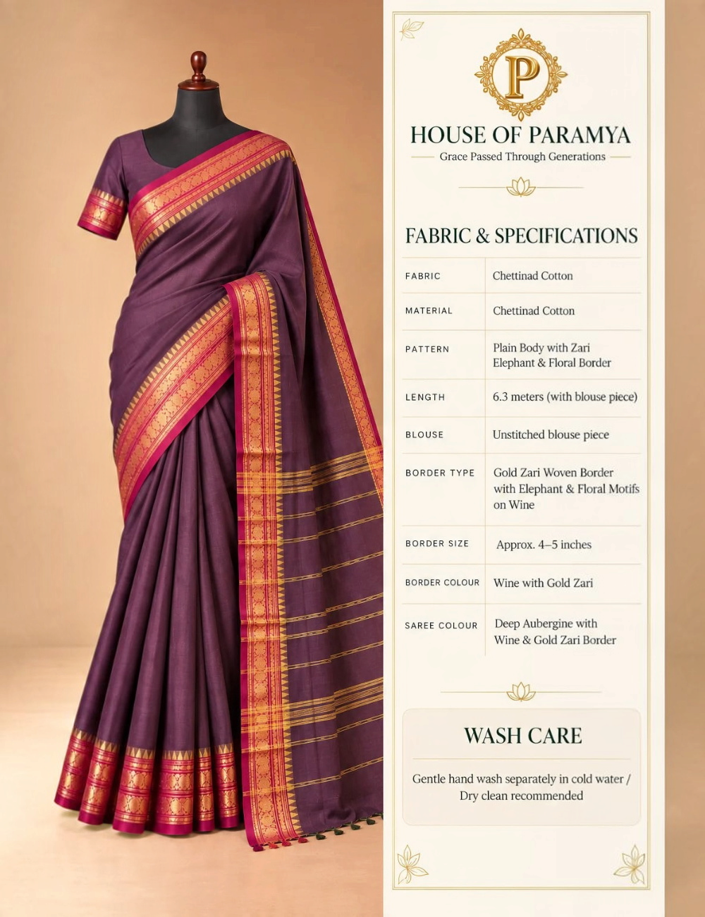 House Of Paramya deep aubergine Chettinad cotton saree with wine and gold zari elephant motif border on a mannequin