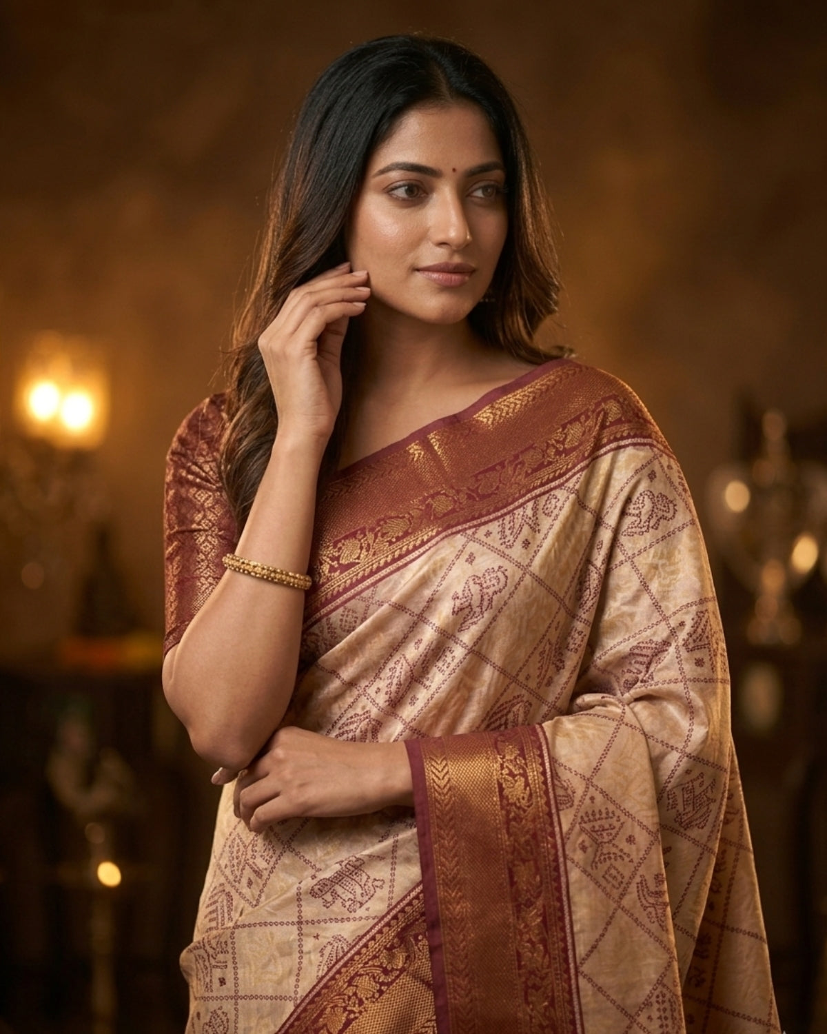 Beige & Maroon Pochampally Ikat Semi Silk Saree