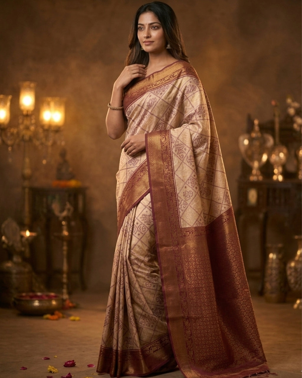 Beige & Maroon Pochampally Ikat Semi Silk Saree