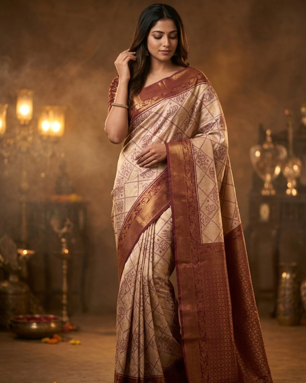 Beige & Maroon Pochampally Ikat Semi Silk Saree