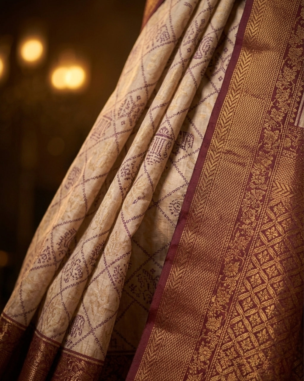 Beige & Maroon Pochampally Ikat Semi Silk Saree