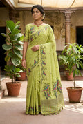 Lime Green Khadi Cotton Jamdhani Saree with Bird Motif