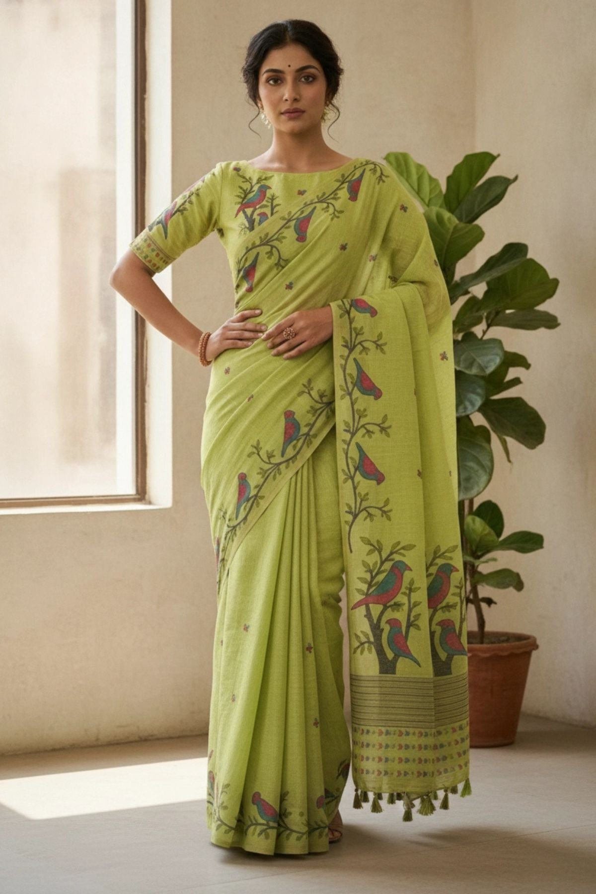 Lime Green Khadi Cotton Jamdhani Saree with Bird Motif