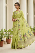Lime Green Khadi Cotton Jamdhani Saree with Bird Motif