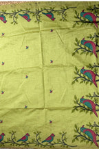Lime Green Khadi Cotton Jamdhani Saree with Bird Motif