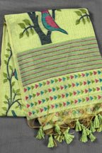 Lime Green Khadi Cotton Jamdhani Saree with Bird Motif