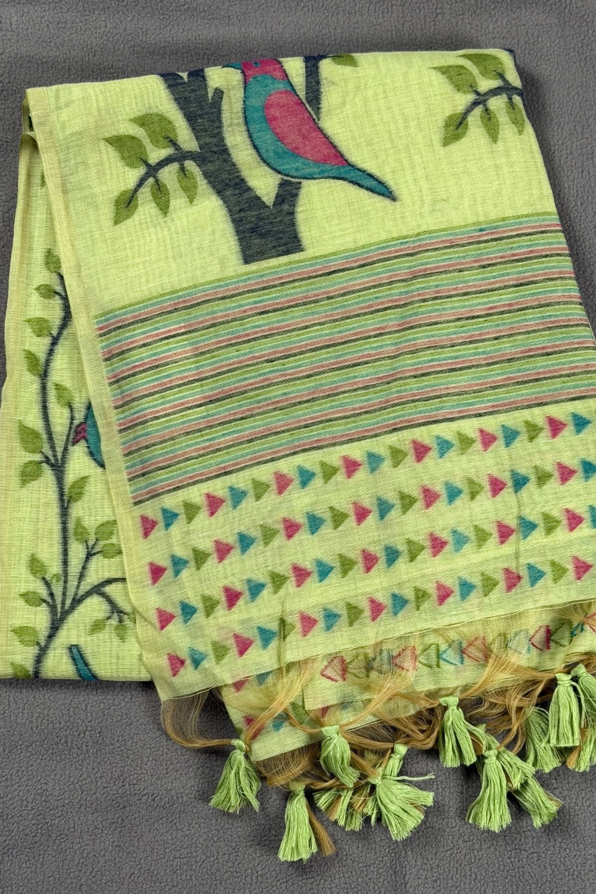Lime Green Khadi Cotton Jamdhani Saree with Bird Motif