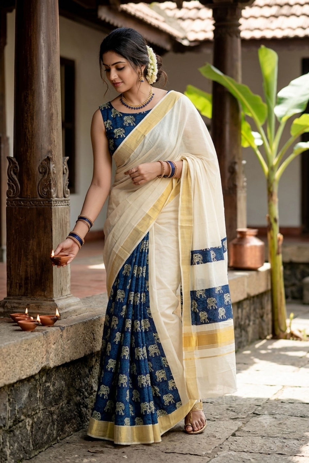 Kasavu Pure Cotton Saree with Navy Ajrakh Elephant Print & Gold Border