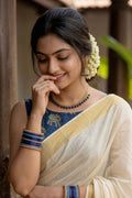 Kasavu Pure Cotton Saree with Navy Ajrakh Elephant Print & Gold Border