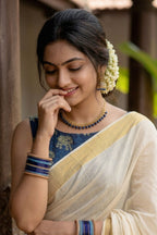 Kasavu Pure Cotton Saree with Navy Ajrakh Elephant Print & Gold Border