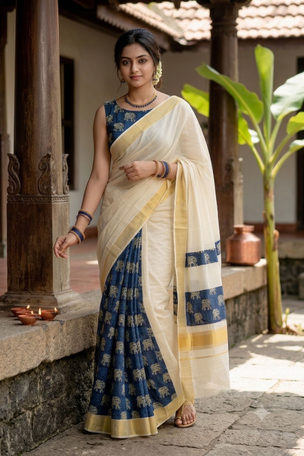 Kasavu Pure Cotton Saree with Navy Ajrakh Elephant Print & Gold Border