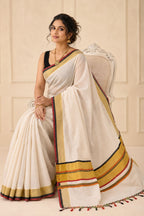 Kerala Kasavu Pure Cotton Saree with Gold, Red & Black Border
