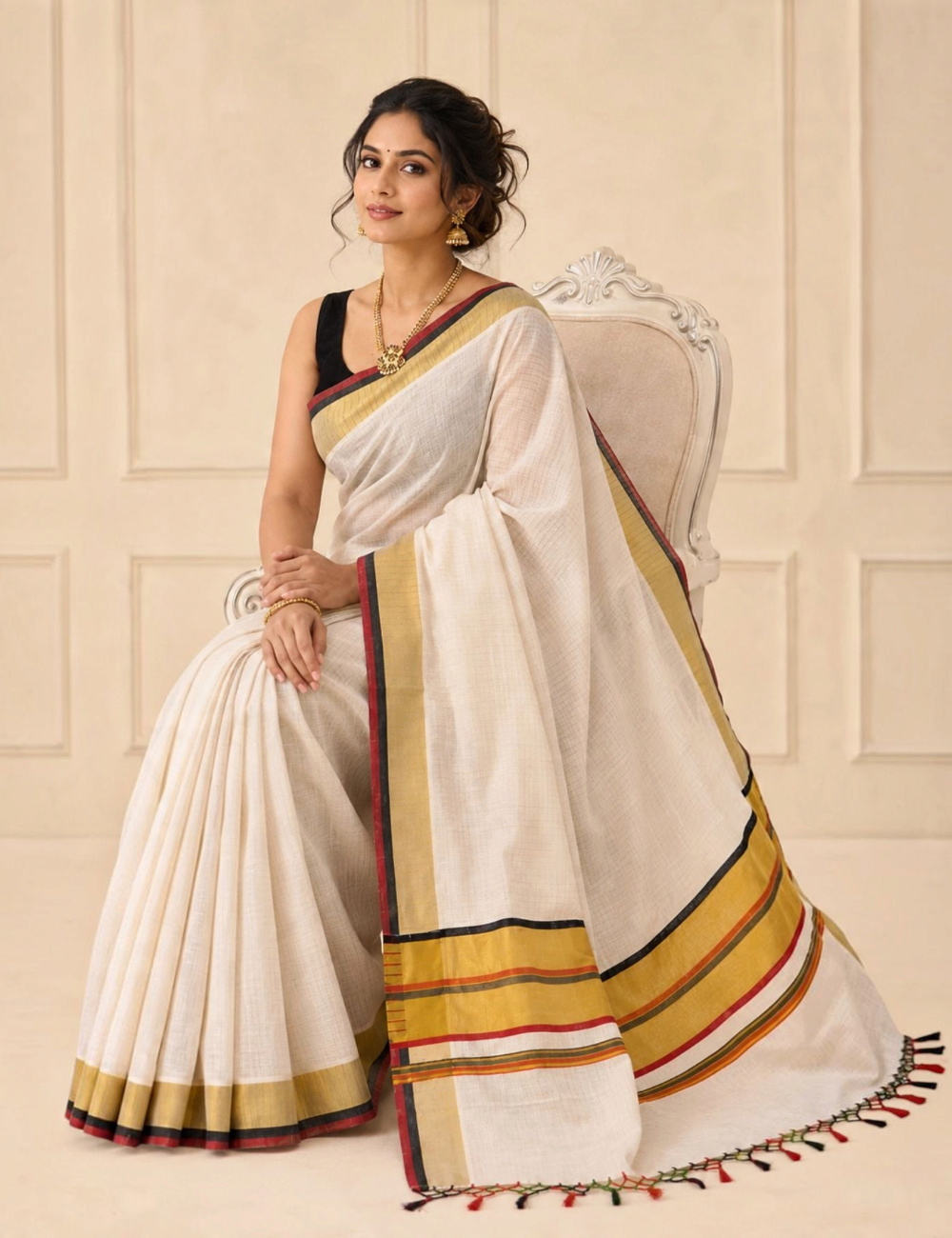 House Of Paramya ivory white pure cotton Kerala Kasavu saree with gold zari, red and black striped border on a model