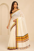 Kerala Kasavu Pure Cotton Saree with Gold, Red & Black Border