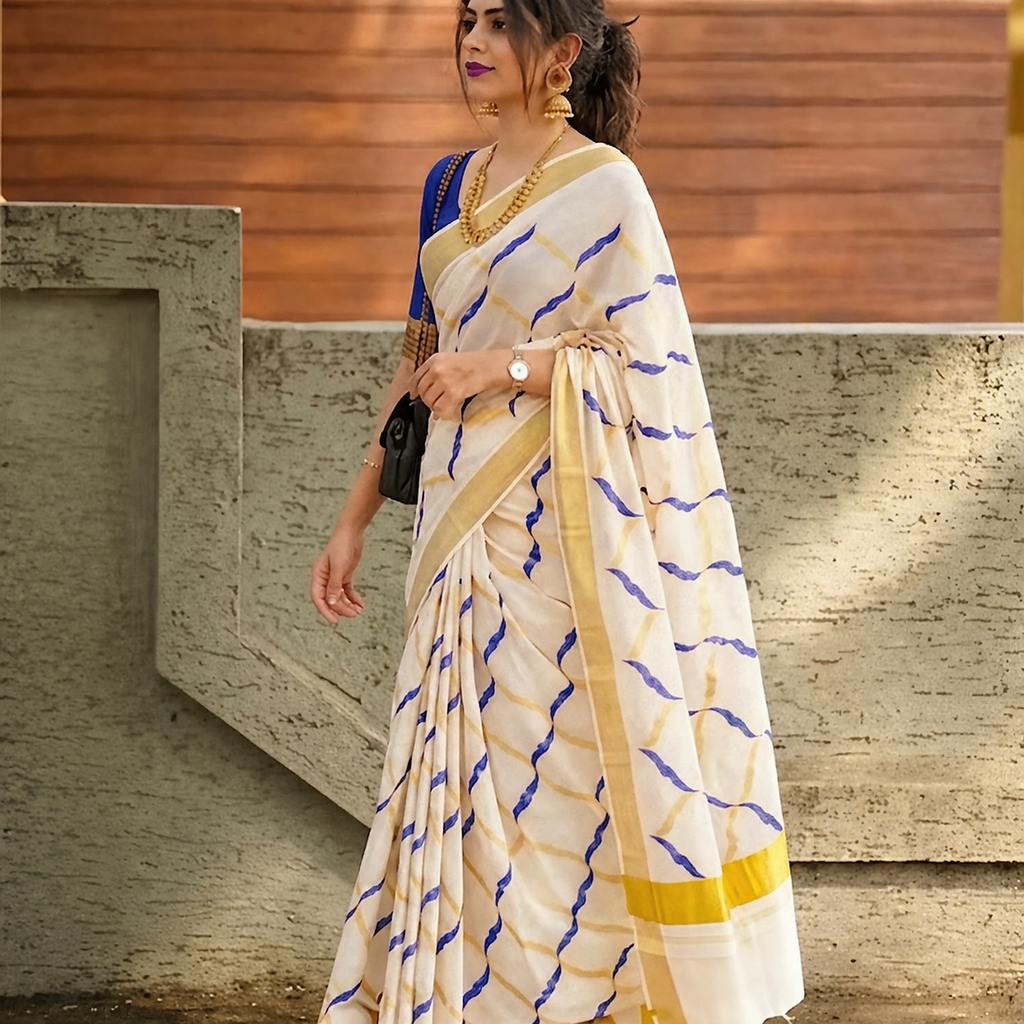 Off-White Cotton Kasavu Saree with Blue & Gold Zig-Zag Embroidery