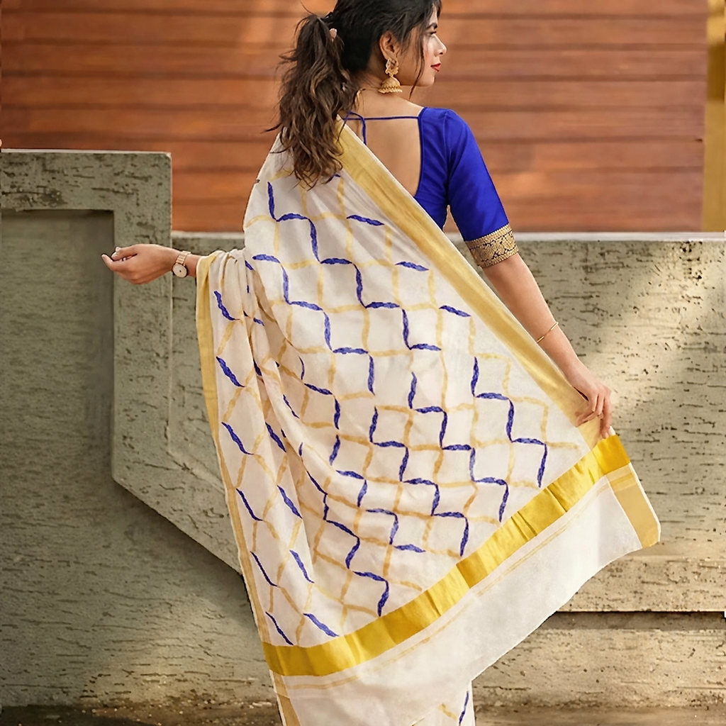 Off-White Cotton Kasavu Saree with Blue & Gold Zig-Zag Embroidery