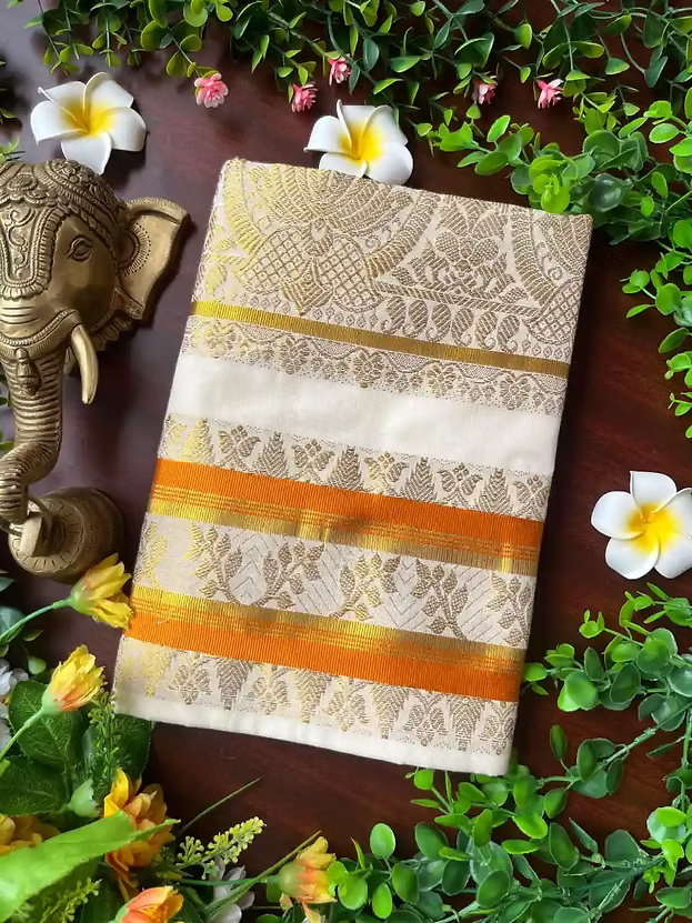 Golden Lotus Jacquard Cotton Kasavu Saree with Orange Border & Blouse