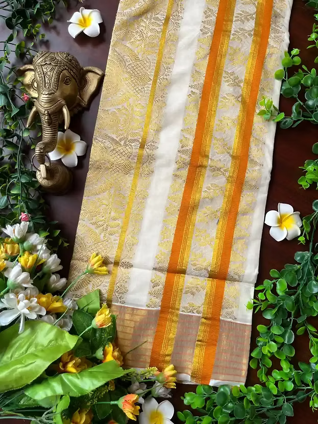 Golden Lotus Jacquard Cotton Kasavu Saree with Orange Border & Blouse
