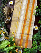 Golden Lotus Jacquard Cotton Kasavu Saree - Off-White & Gold with Orange Border