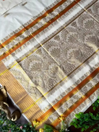 Golden Lotus Jacquard Cotton Kasavu Saree with Orange Border & Blouse